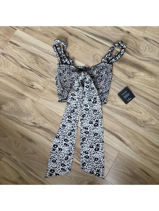 Lulus Tops - NWT Lulus Black White Floral Leopard Smocked Crop Top Tie Strap Ruffle L